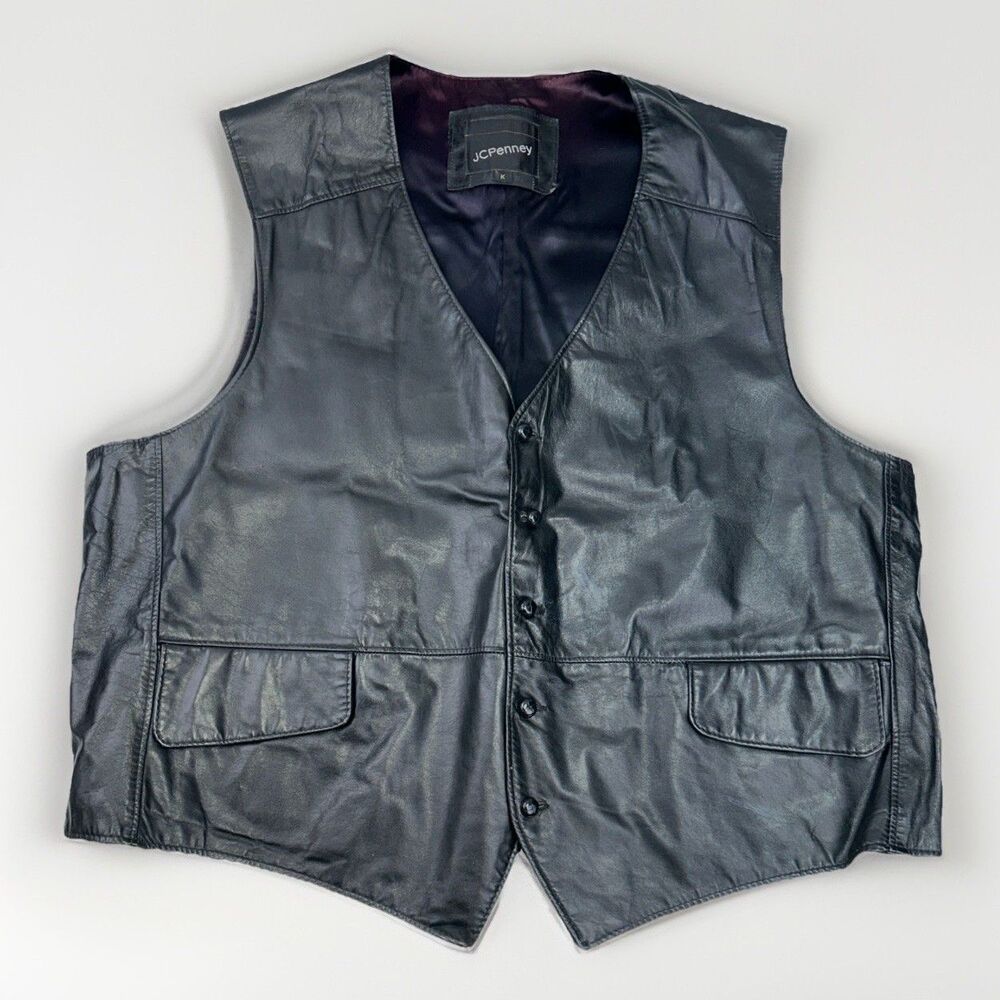 VTG JC Penney Top Grain Leather Vest Men's Sz 52L (K) Black Lined Pockets Mexico